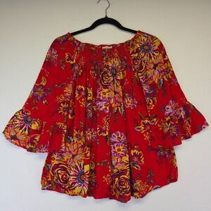 Beach Lunch‎ Lounge Top Women S Red Boho Floral Smocked Western Flowy Festival